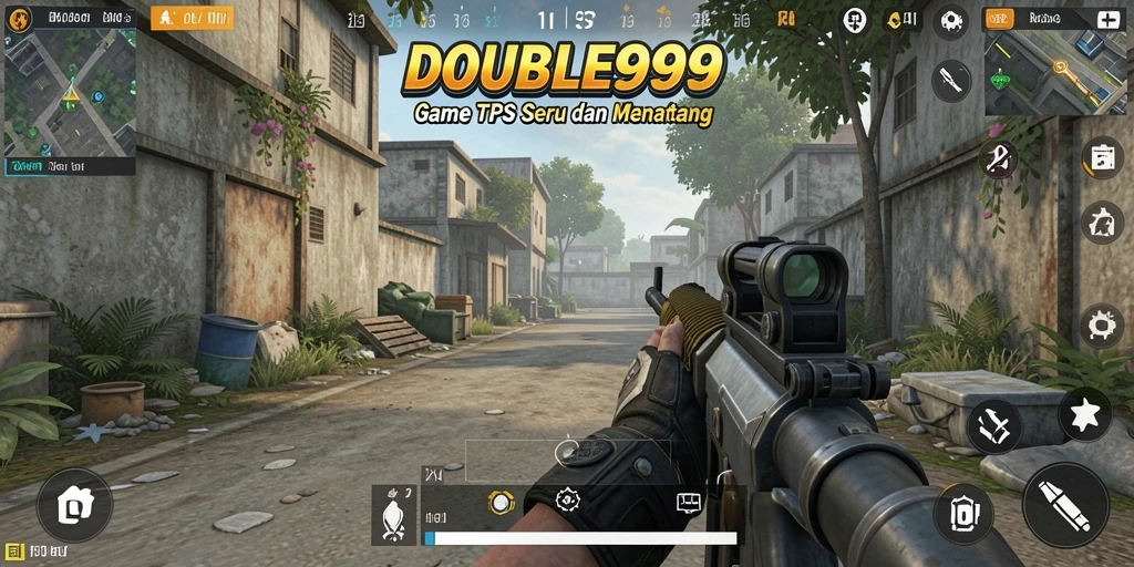 Screenshot gameplay DOUBLE999 menampilkan aksi seru dalam pertarungan TPS.