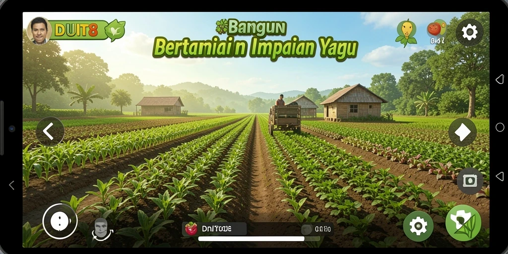 Tampilan gameplay DUIT8 dengan aktivitas bertani yang seru.