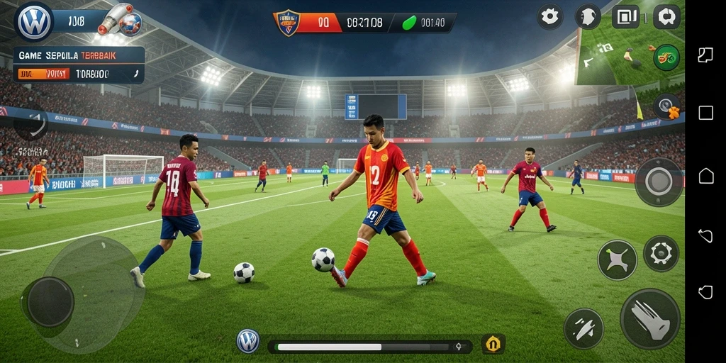 Screenshot utama VW108 menampilkan aksi pertandingan sepak bola yang mendebarkan.